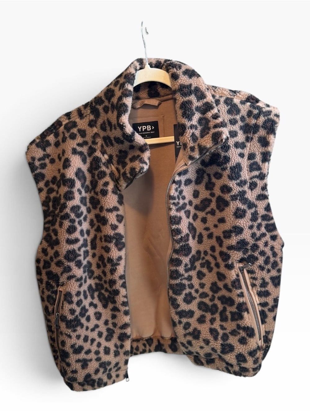 YPB Leopard Print Sherpa Zip Vest - Brown/Black